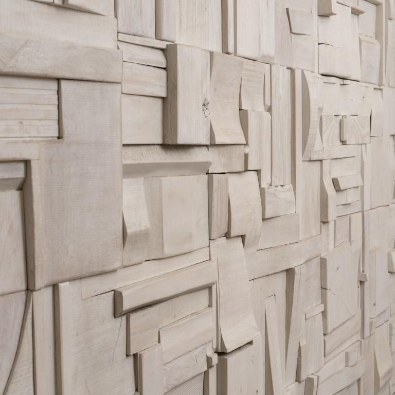 These WHITE WASH collage tiles are composed randomly from recycled wood remnants and when installed bathe any space with a warm feeling and texture which is meditative, sanded to a soft finish and protected with lacquer and wax. The works convey an
