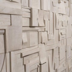 White Wash Brutalist Sculptural Collage Artwork, Mural from Upcycled Wood