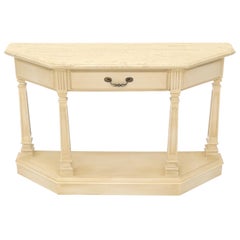 White Wash Finish One Drawer Wrap Around Shape Marble Top Console