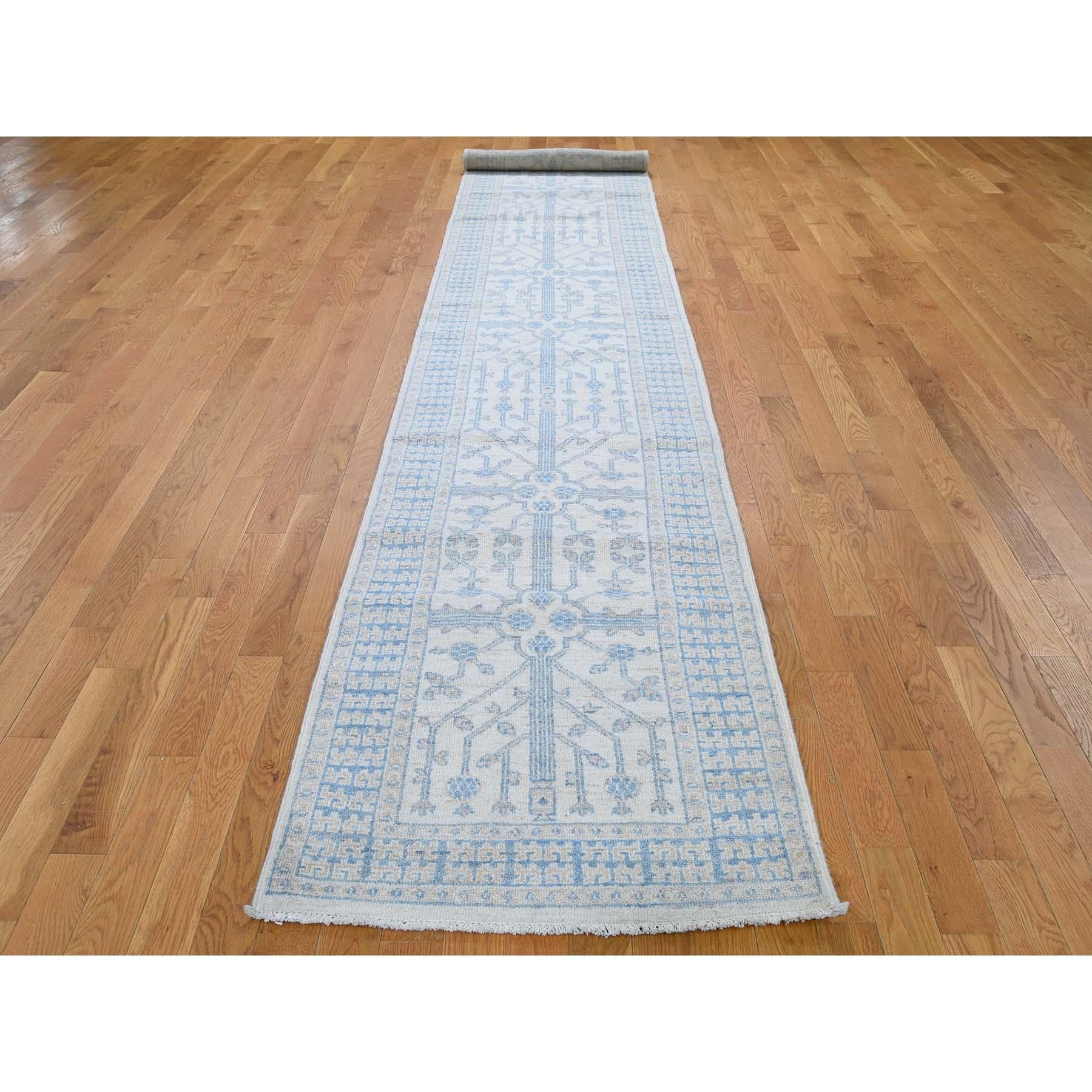 Afghan White Wash Khotan with Pomegranate Design Runner Hand Knotted Rug
