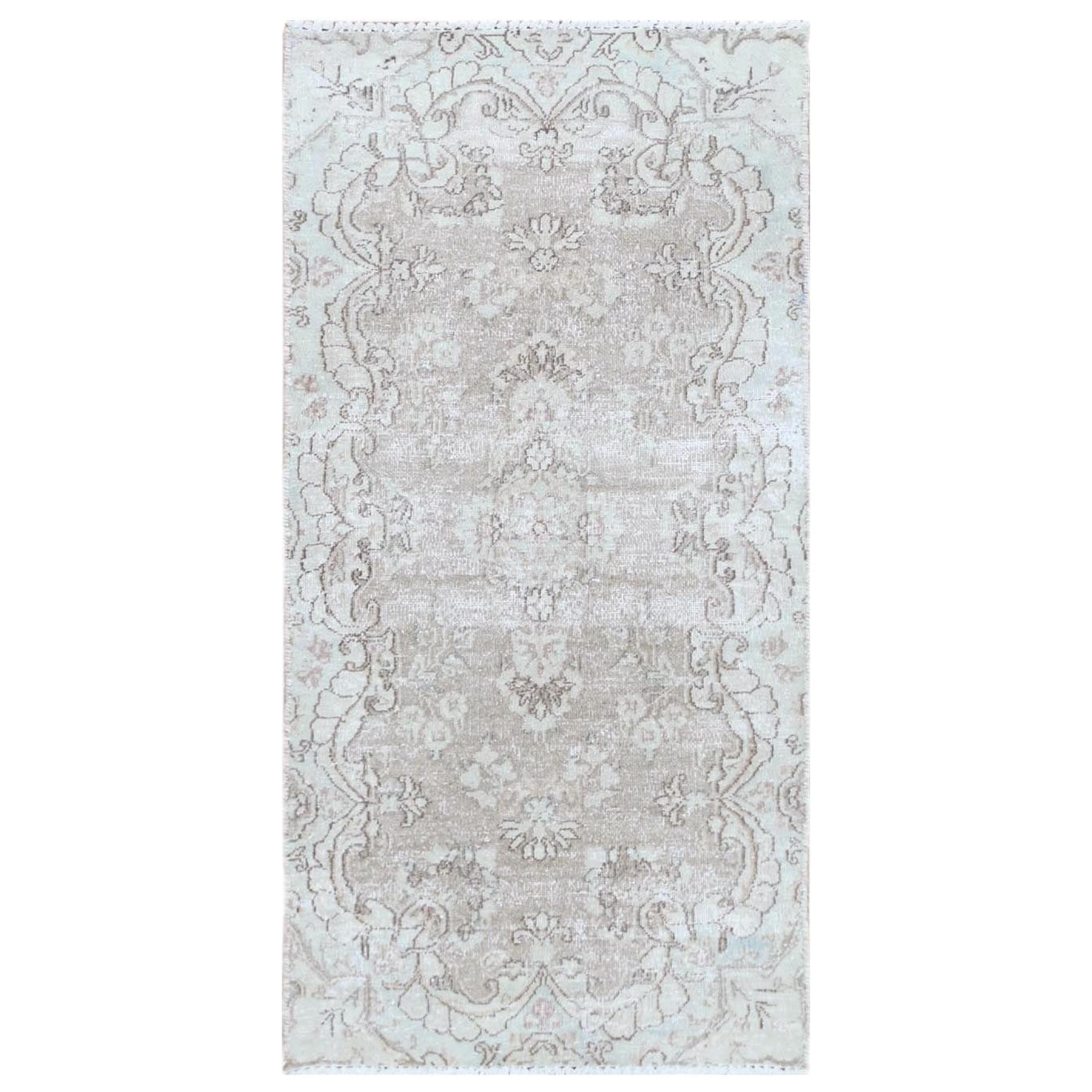White Wash Old Persian Kerman Cropped Thin Hand Knotted Clean Natural Wool Rug