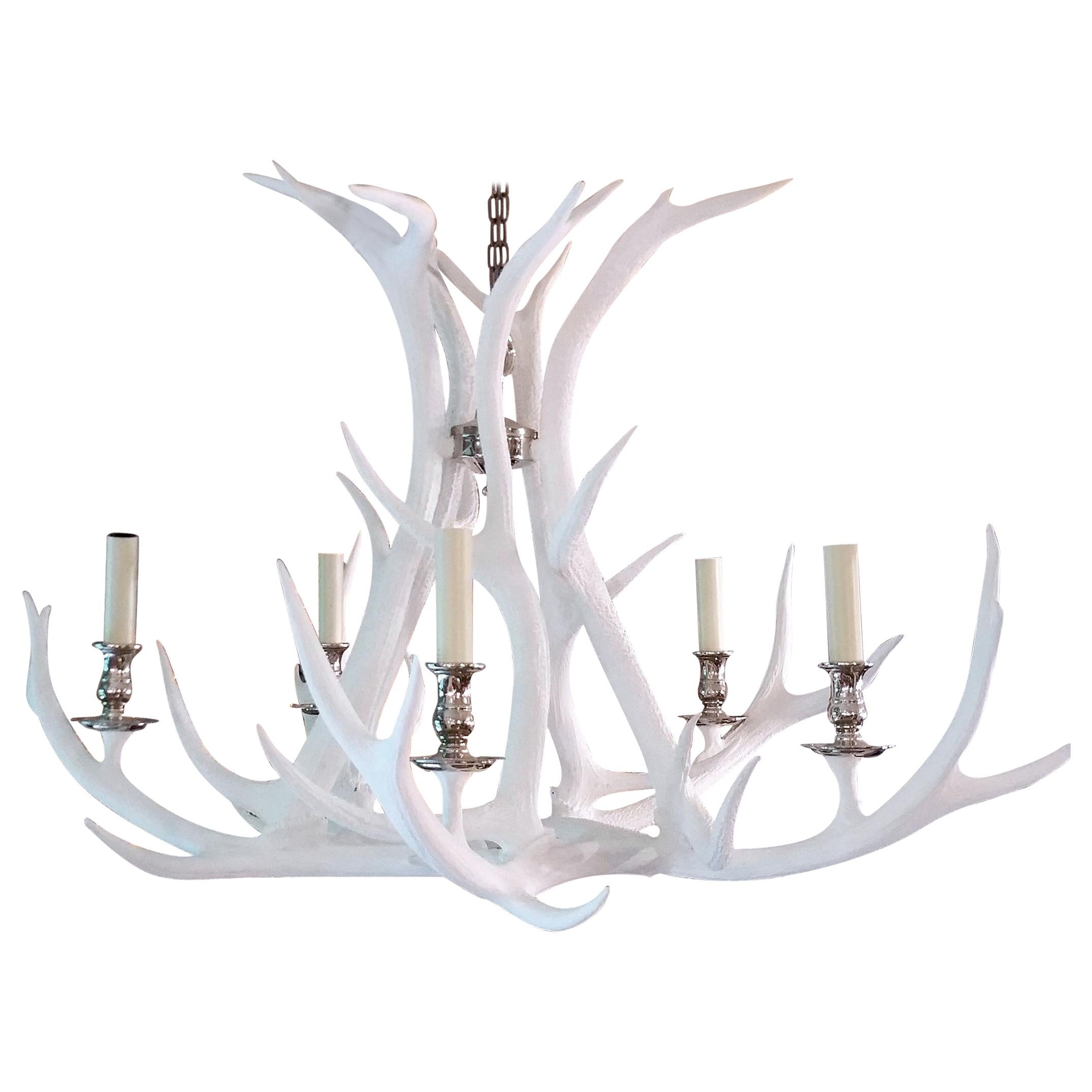 White Washed 21st Century Antler Chandelier with Nickel Finish