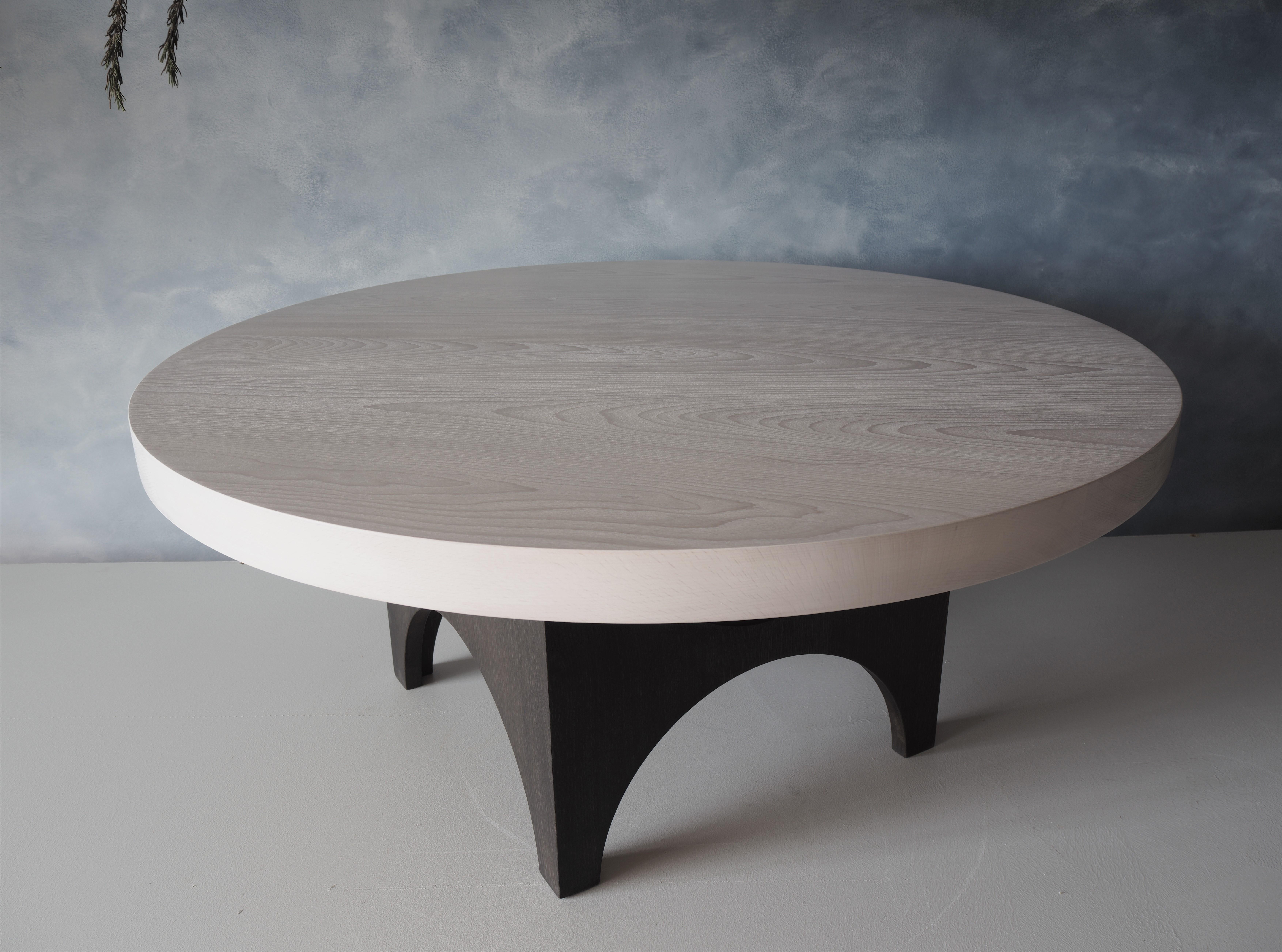 Canadian White Washed Beech Coffee Table, India Ink Oak Base, Round, MSJ Furniture Studio