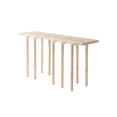 White-Washed Hand-Carved Massive Oak Console with Multiple Arches