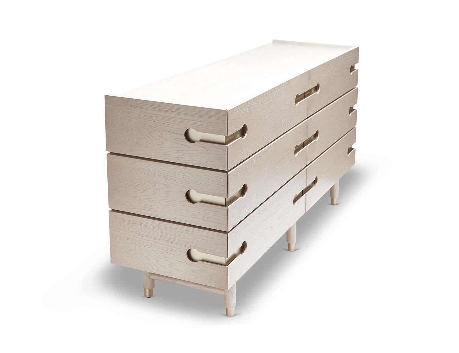 Brass White Washed Oak 6-Drawer Niguel Dresser by Lawson-Fenning