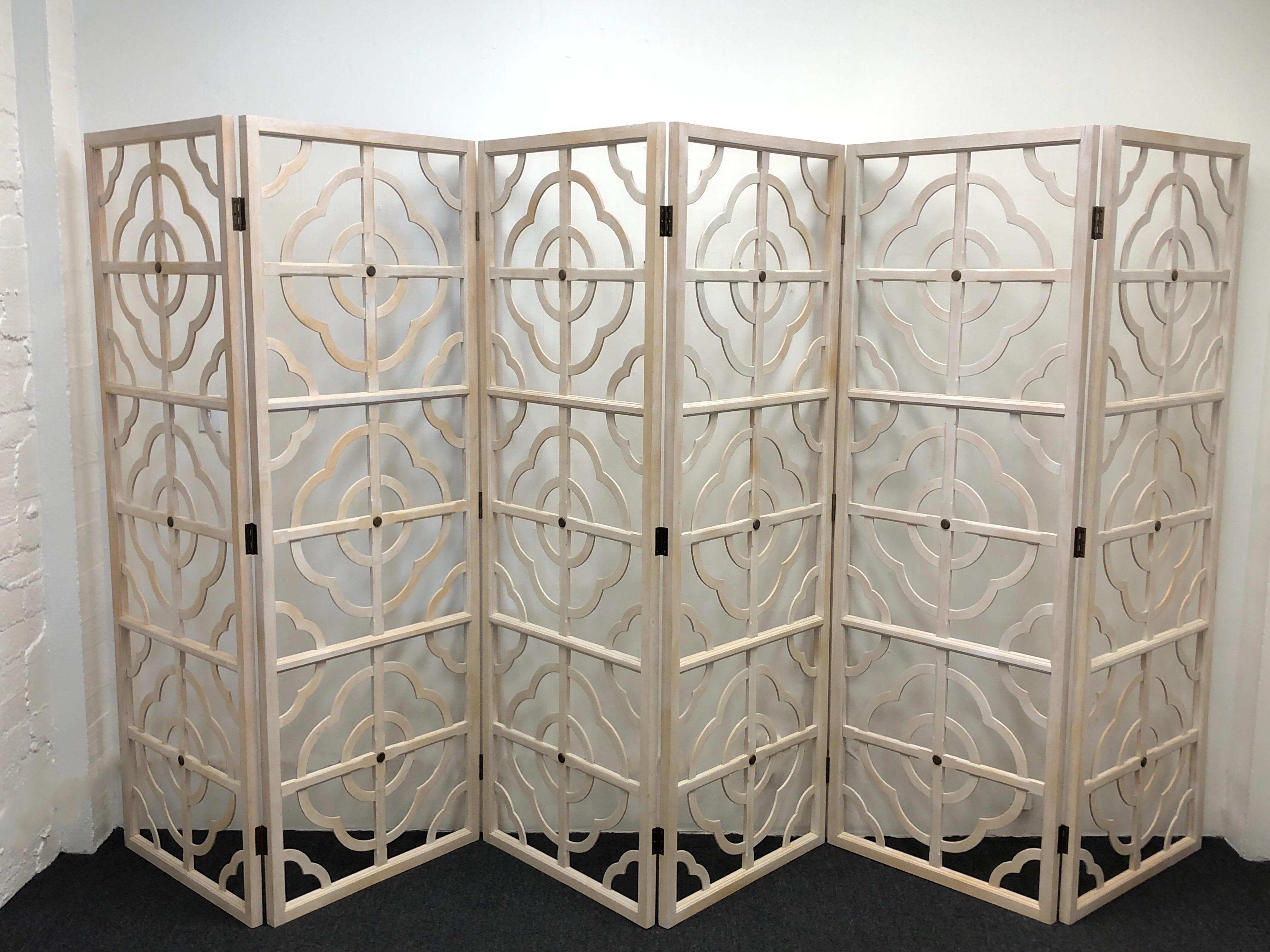 White Washed Oak and Aged Brass Six Panel Folding Screen by Steve Chase For Sale 3