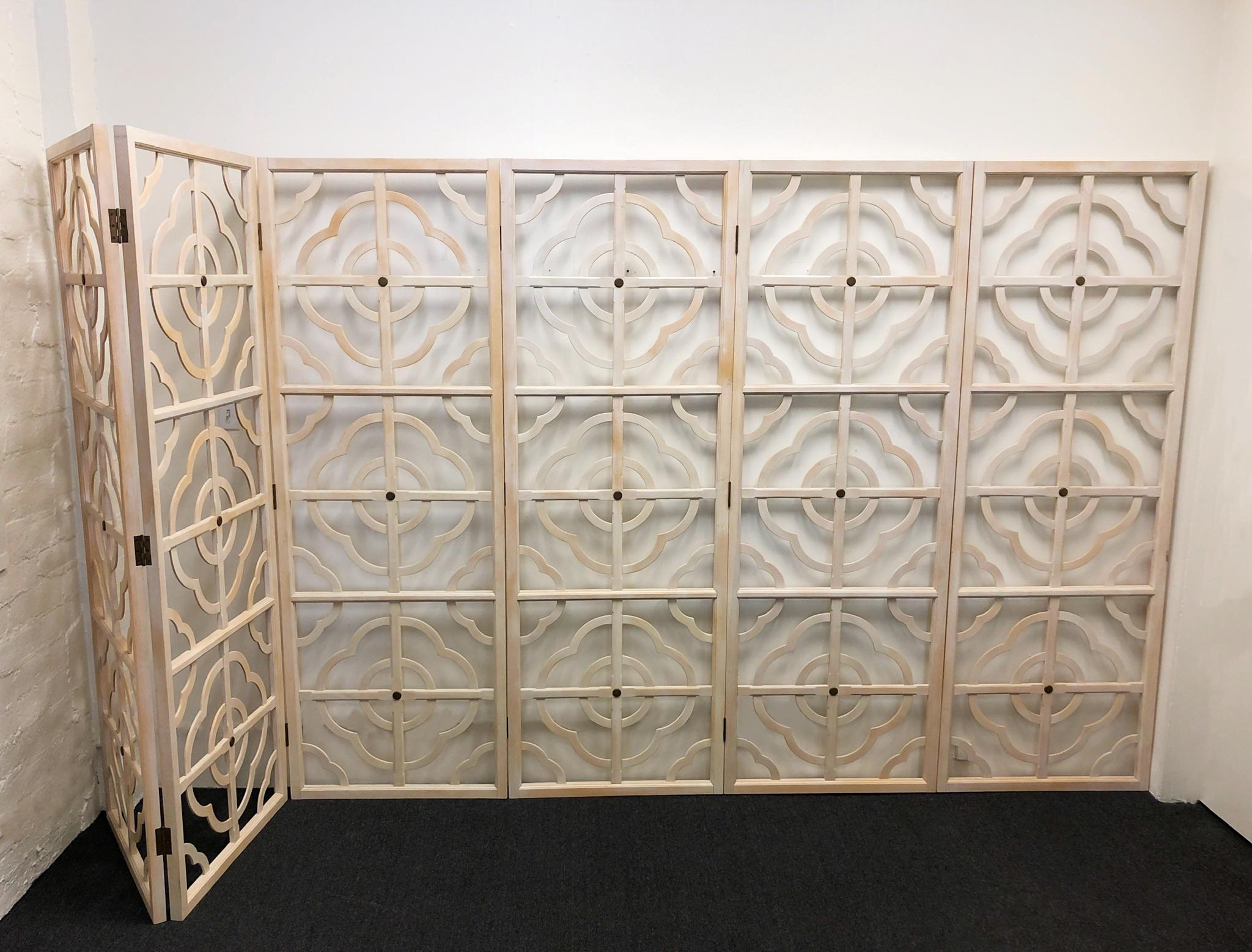 Glamorous 1990’s six panel folding screen by Steve Chase. 
Out of a Steve Chase design estate in Rancho Mirage CA. 
Constructed of solid white washed oak and aged brass. 
Each panel measures 29” wide 84” High and 1.38 Deep.