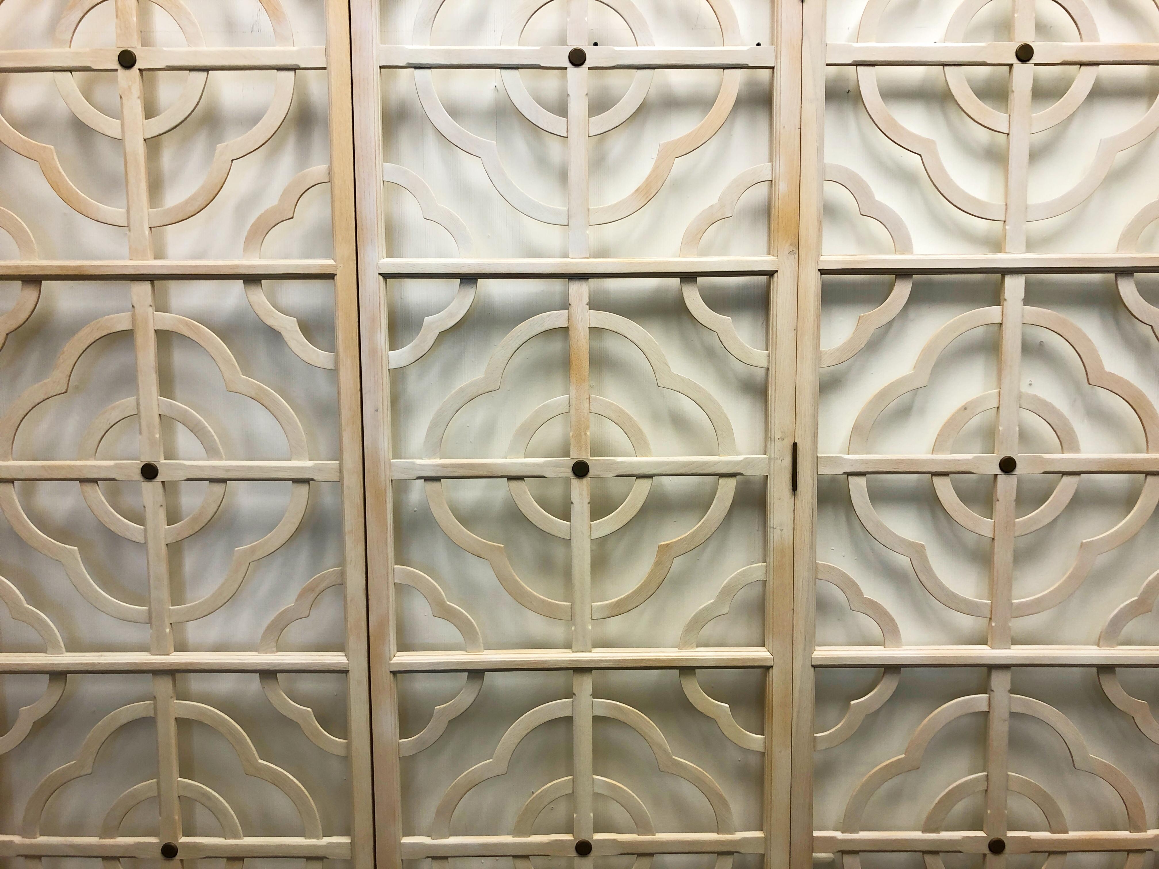 Modern White Washed Oak and Aged Brass Six Panel Folding Screen by Steve Chase For Sale