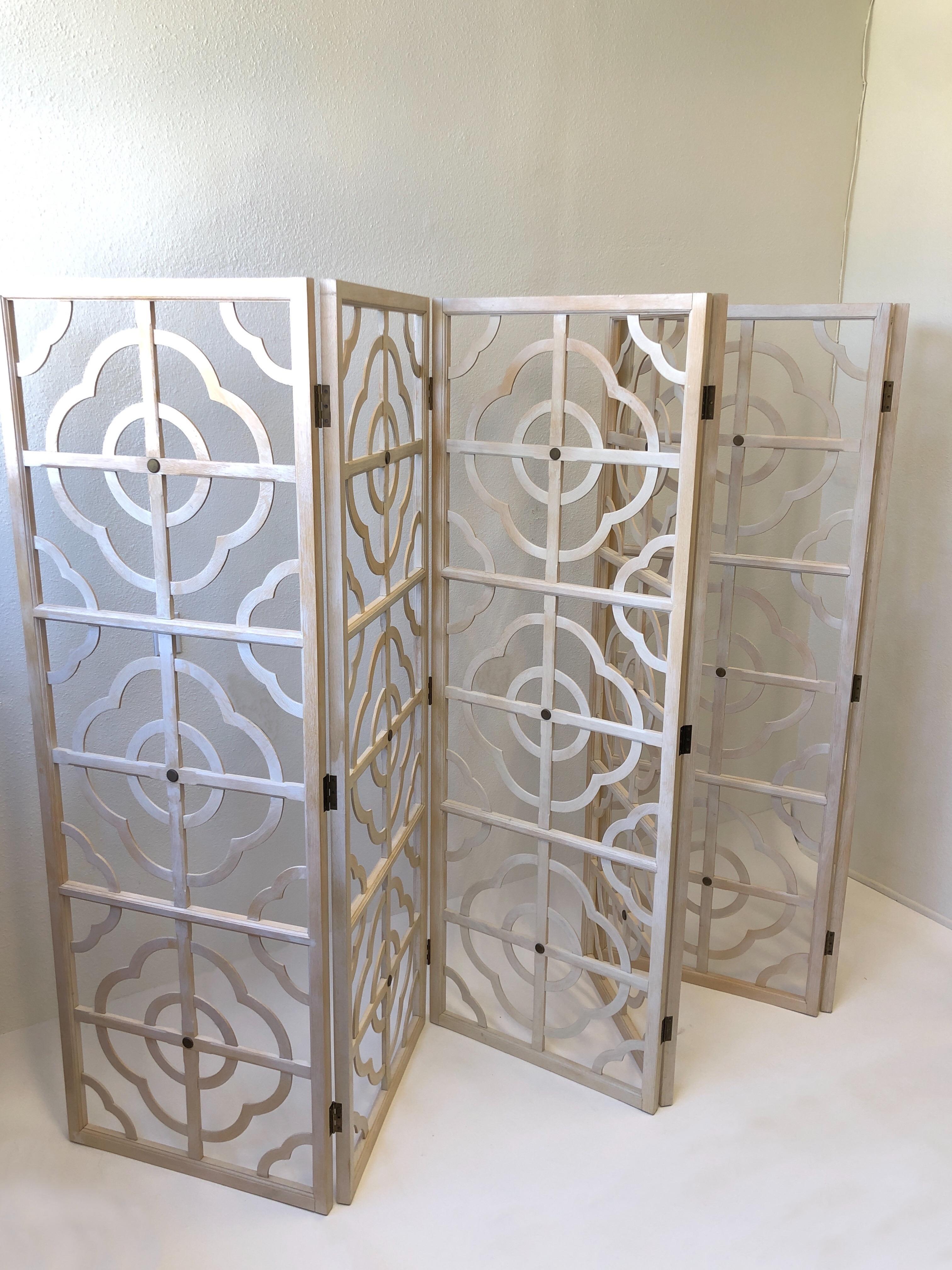 White Washed Oak and Aged Brass Six Panel Folding Screen by Steve Chase In Excellent Condition For Sale In Palm Springs, CA