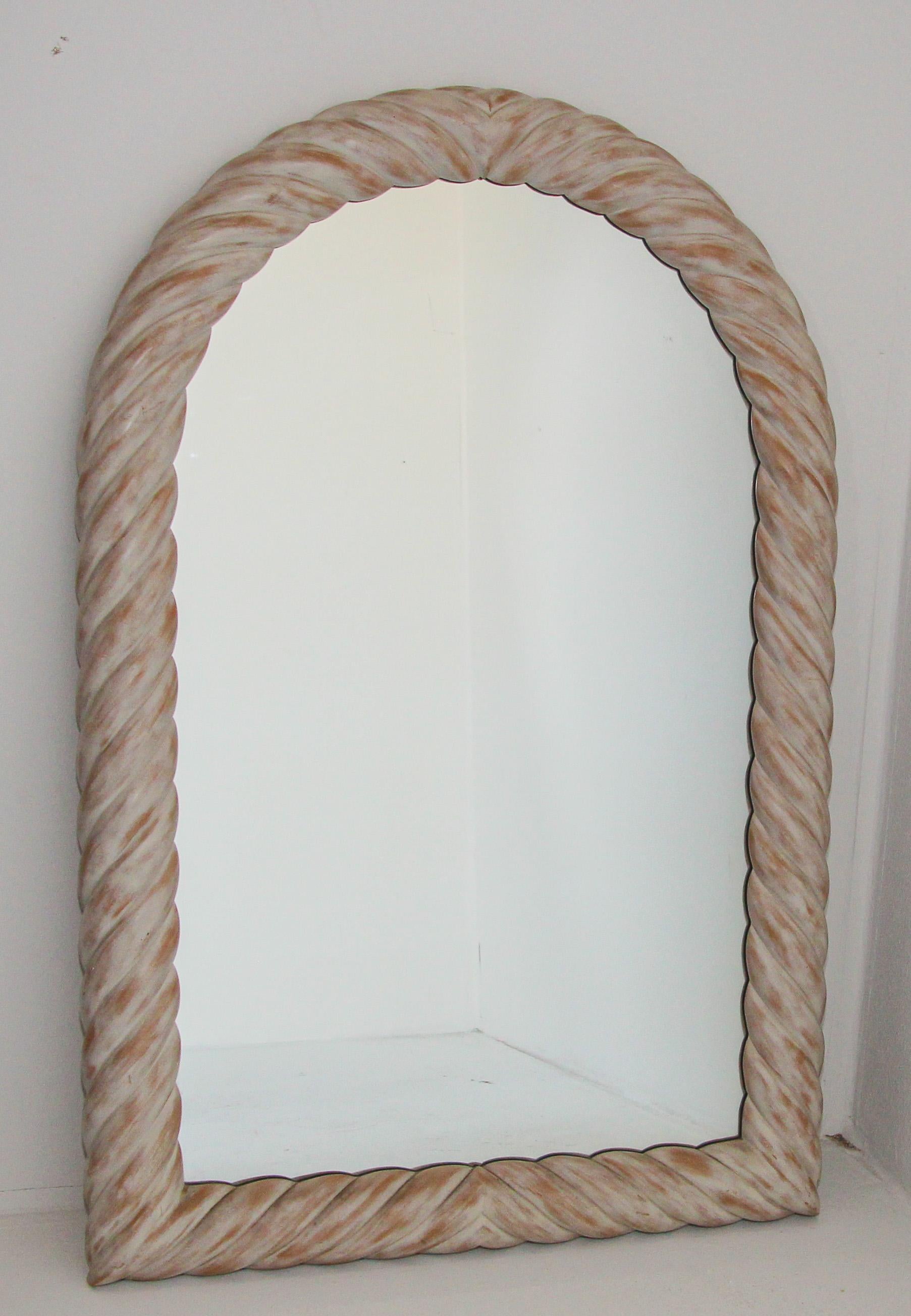 White bleached wood arched wall mirror.
Post Modern vintage French arched topped wall mirror.
This washed out twisted wood mirror offers an optimal focal point for any room. 
The creamy white washed textured wood is sure to go with just about any