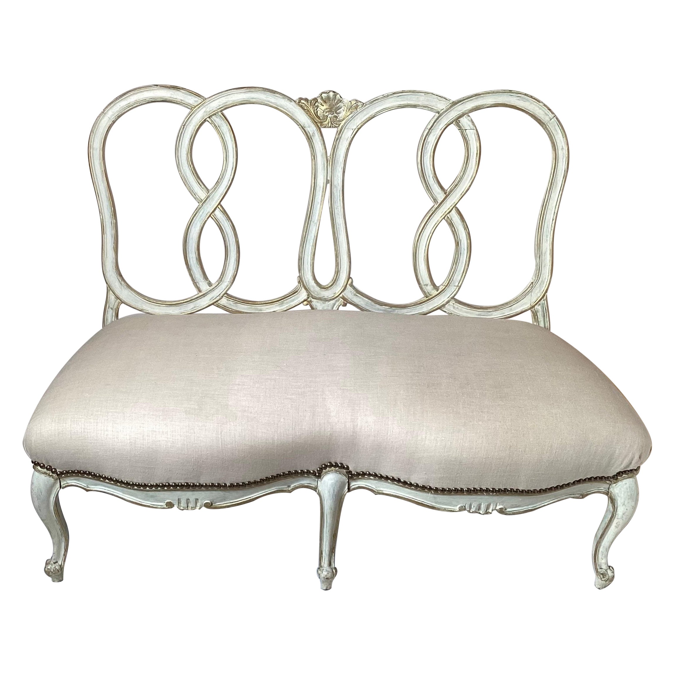 White Washed Ribbon Back French Settee with Linen