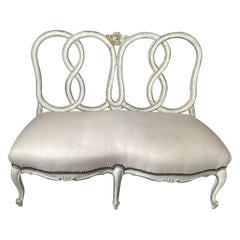 White Washed Ribbon Back French Settee with Linen
