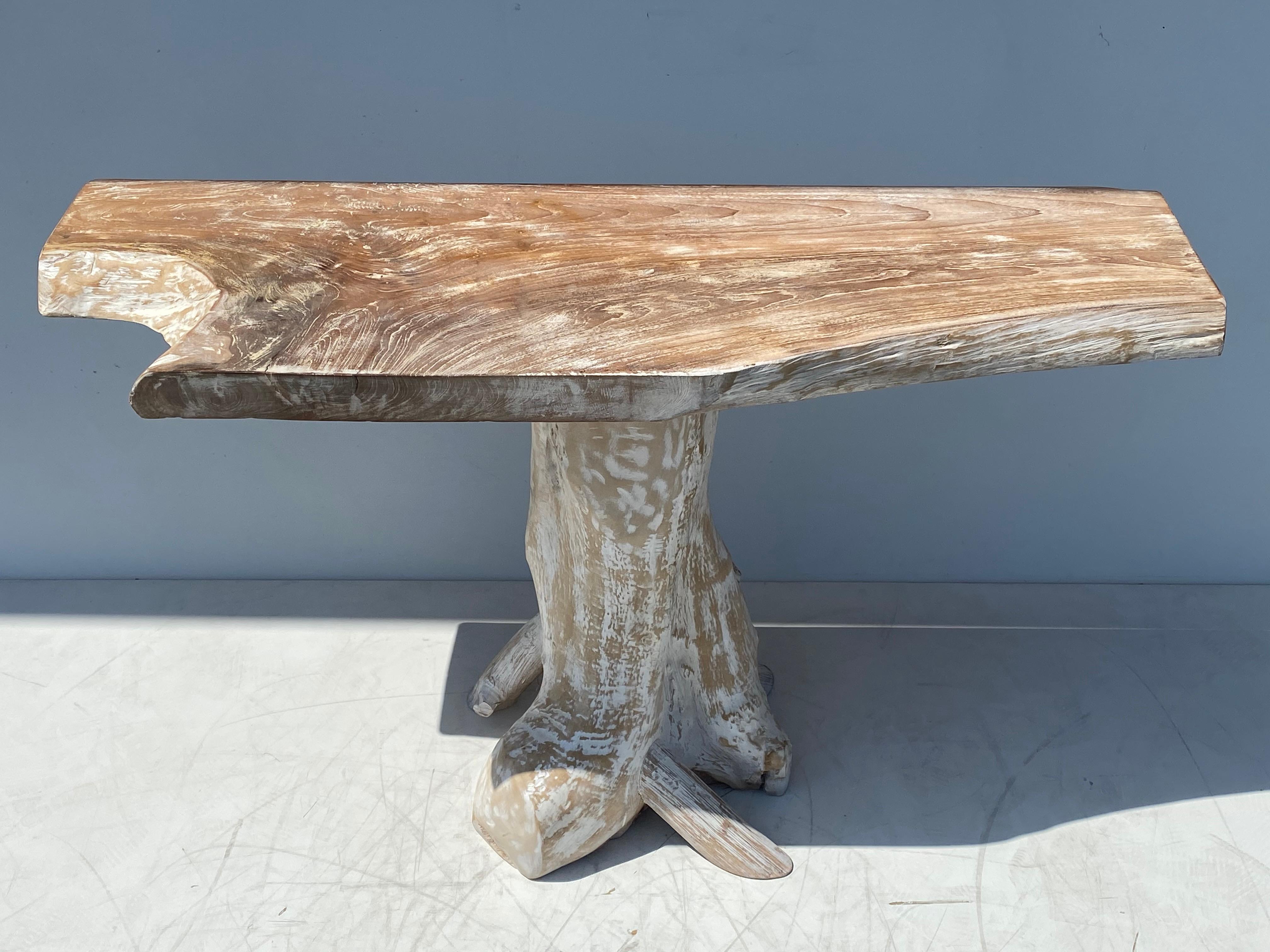 White washed finish teak root console table.