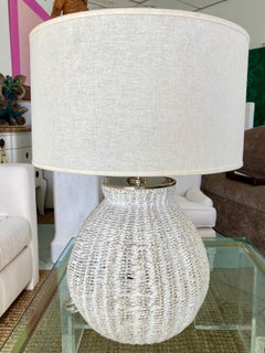White Washed Wicker Basket Lamp With Chrome Fittings