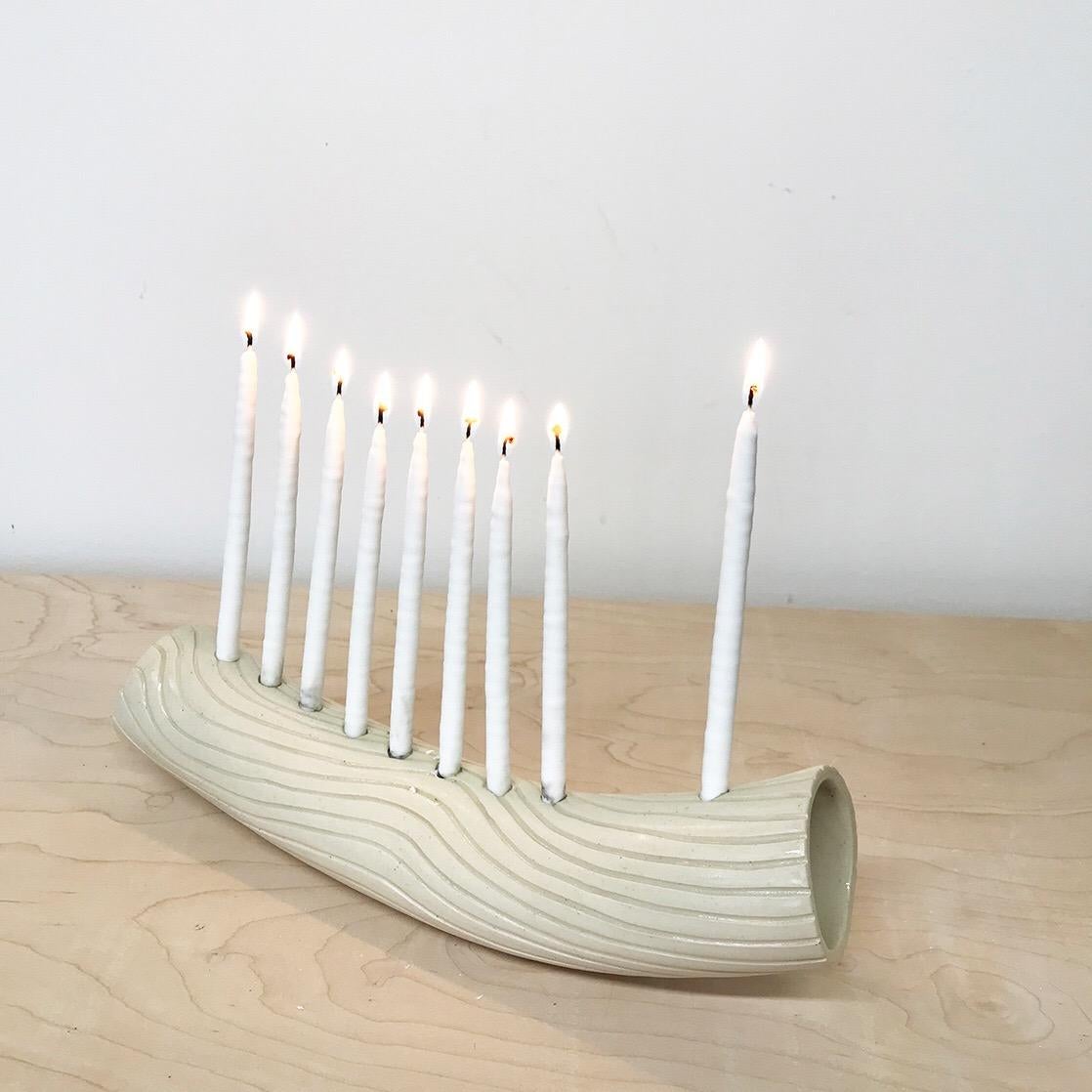 Modern White Wave Hand-Built Contemporary Ceramic Menorah by Re/Press Editions - Large For Sale