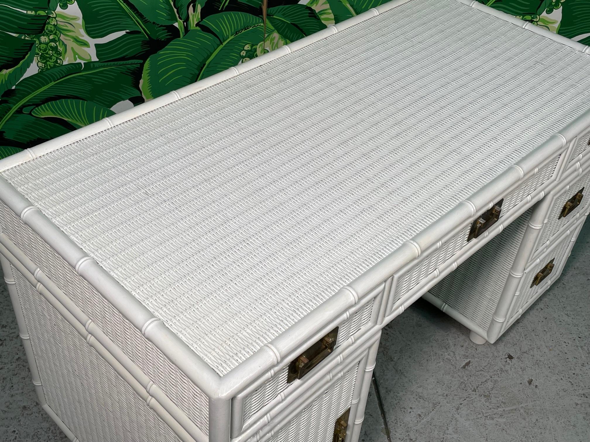 Hollywood Regency White Wicker and Faux Bamboo Writing Desk