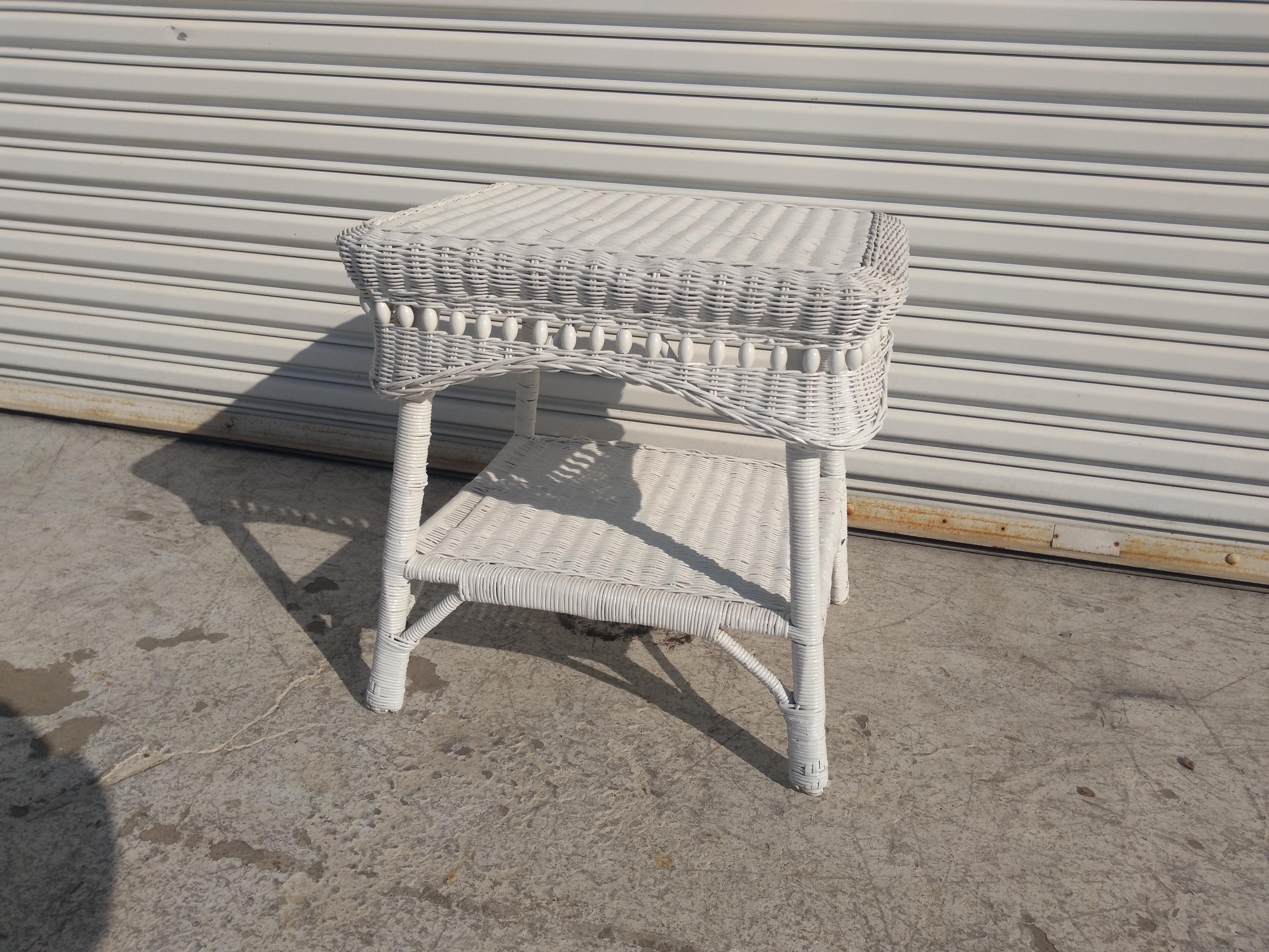 Hand-Woven White Wicker Boho Chic Side Table For Sale