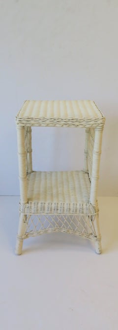 White Wicker End Table or Nightstand Table, circa 1990s