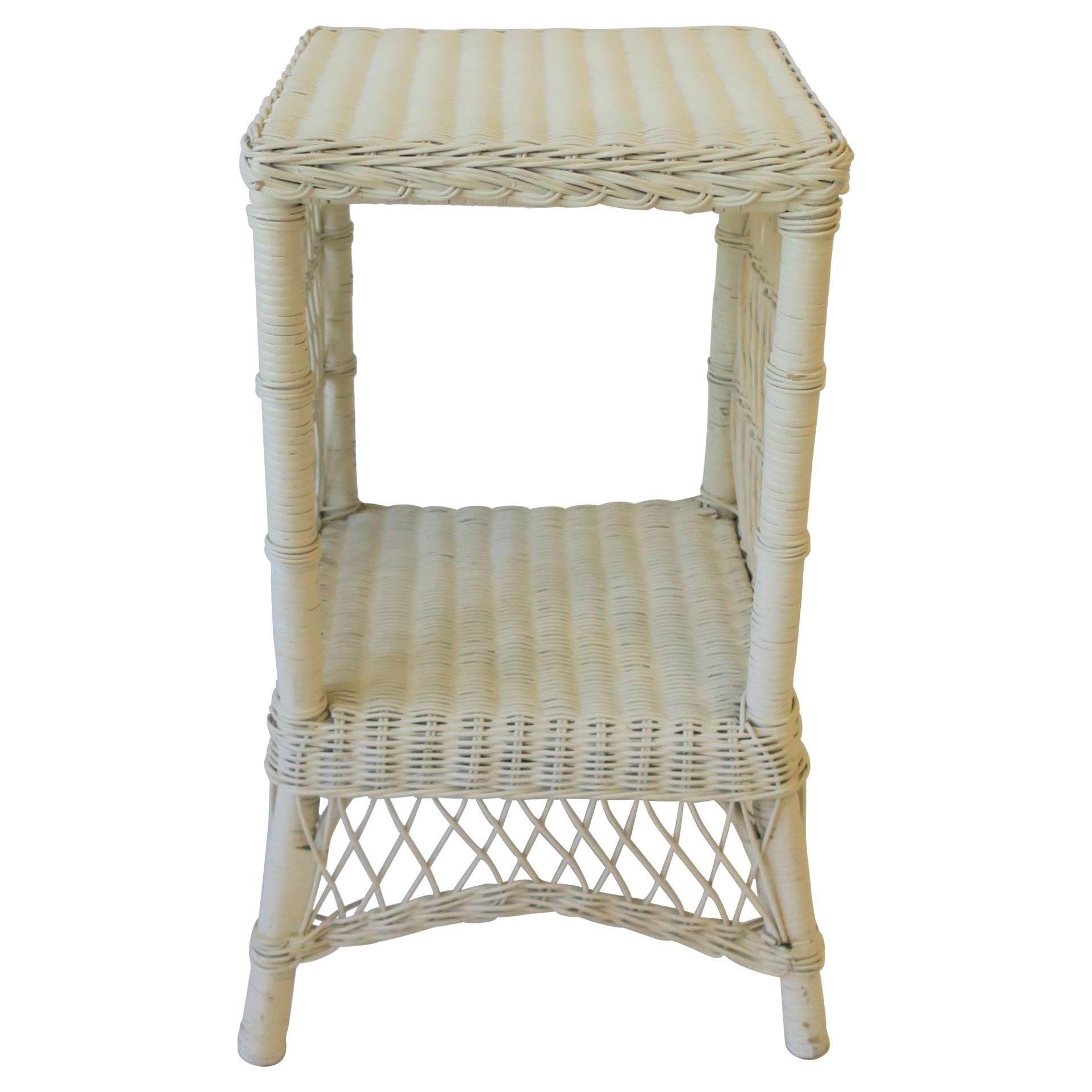 White Wicker End Table or Nightstand Table, circa 1990s