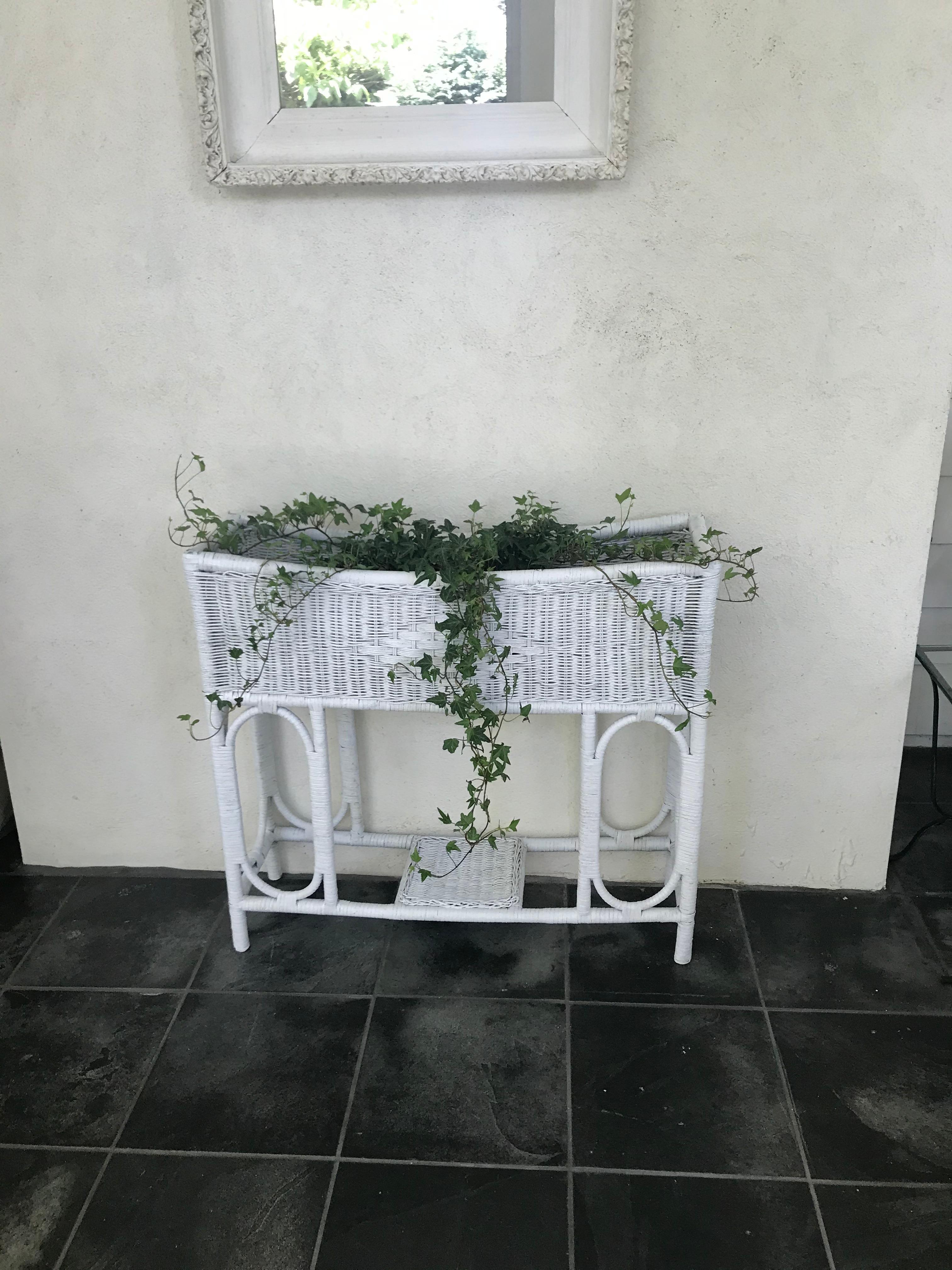 White wicker plant stand. Vintage painted wicker plant stand with upper box for potted flowers or ferns with central wicker stretcher panel below for an additional plant. American summer porch. United States, late 20th century.
Dimensions: 30.5
