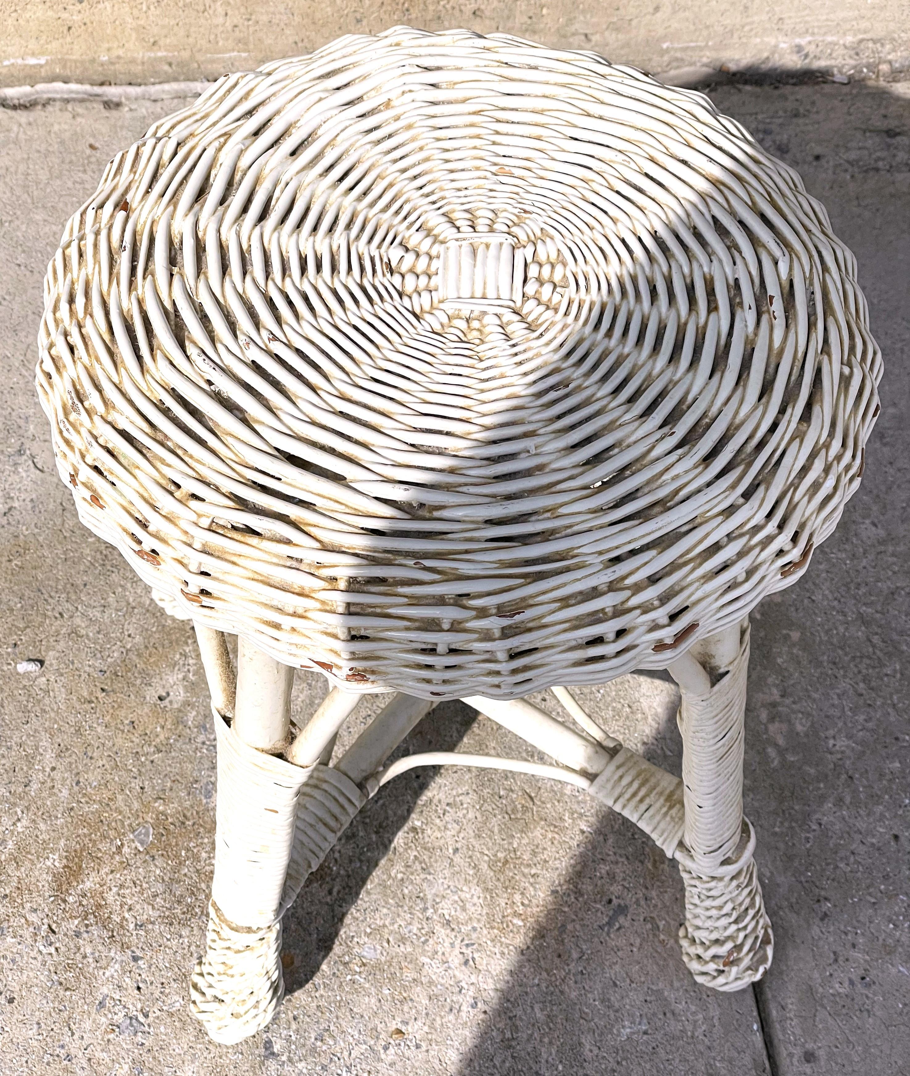 Mid-Century Modern White Wicker/Rattan Drink/Plant Stand/Table or Vanity/Bohemian Stool For Sale