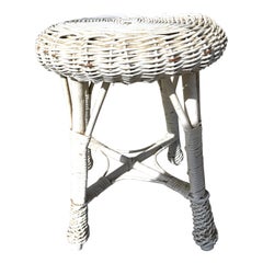 White Wicker/Rattan Drink/Plant Stand/Table or Vanity/Bohemian Stool