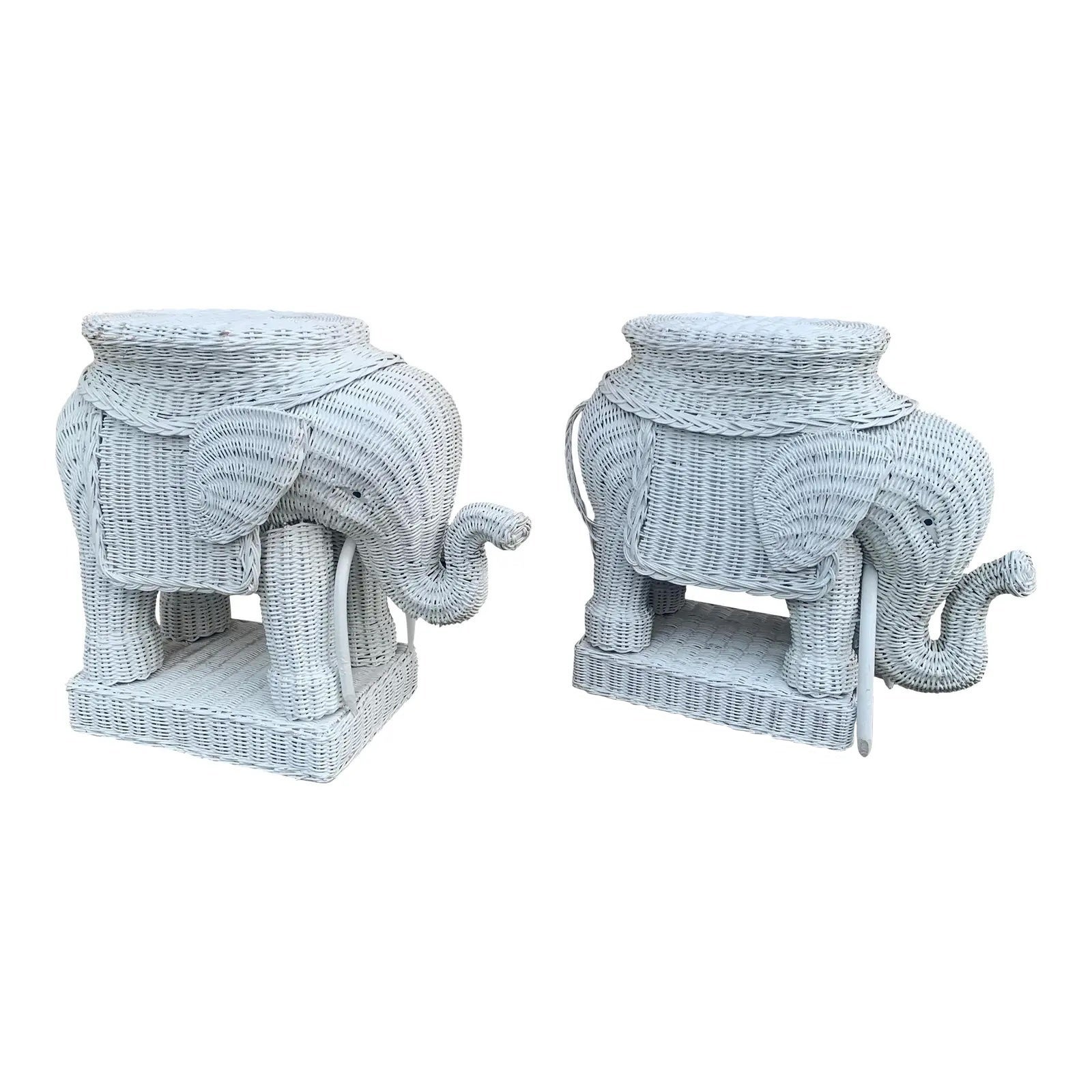 1970s Palm Beach Style White Wicker Elephant Garden Stools or Side Tables, Pair