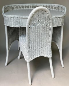 White Wicker Rattan Vanity Desk With Matching Chair