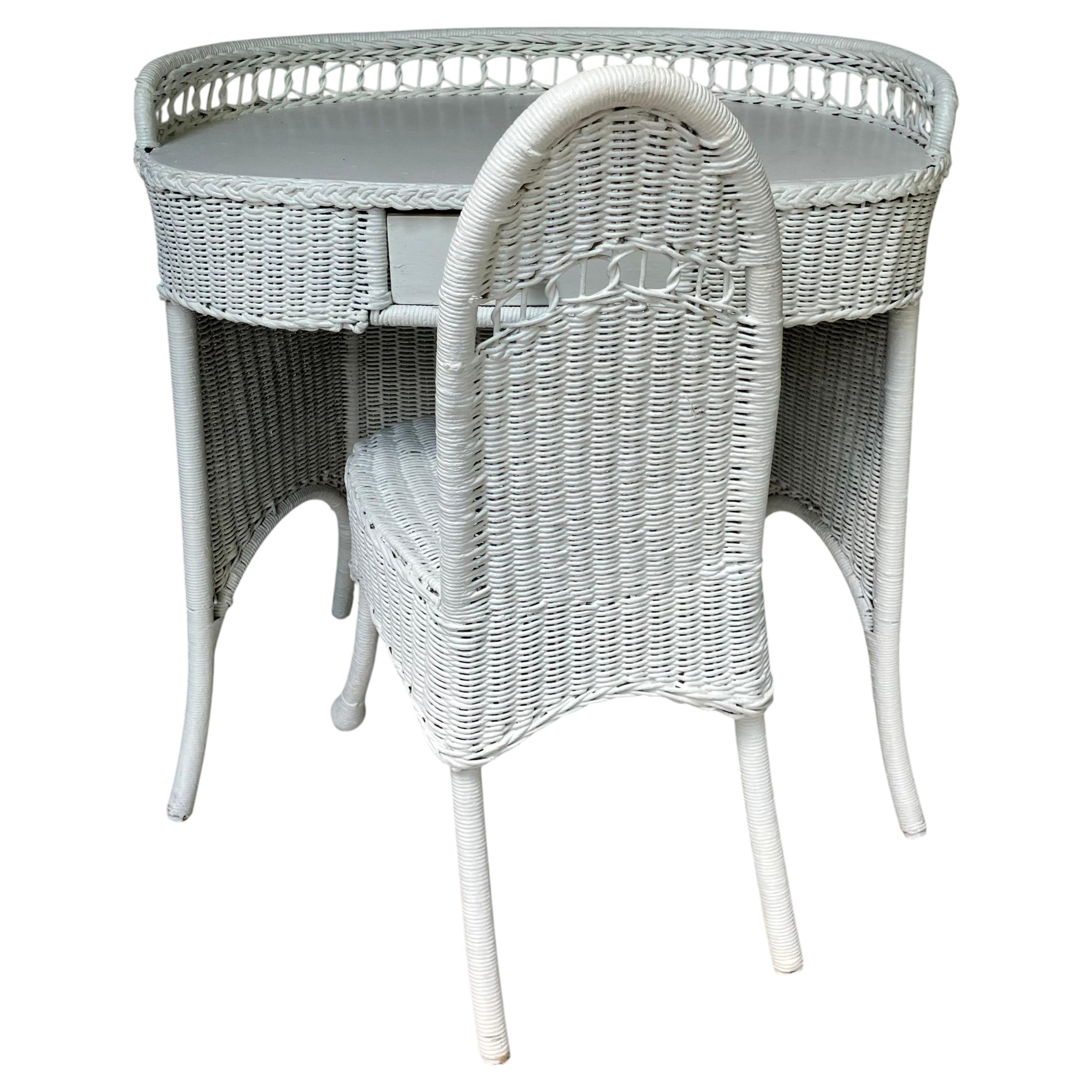 White Wicker Rattan Vanity Desk With Matching Chair For Sale