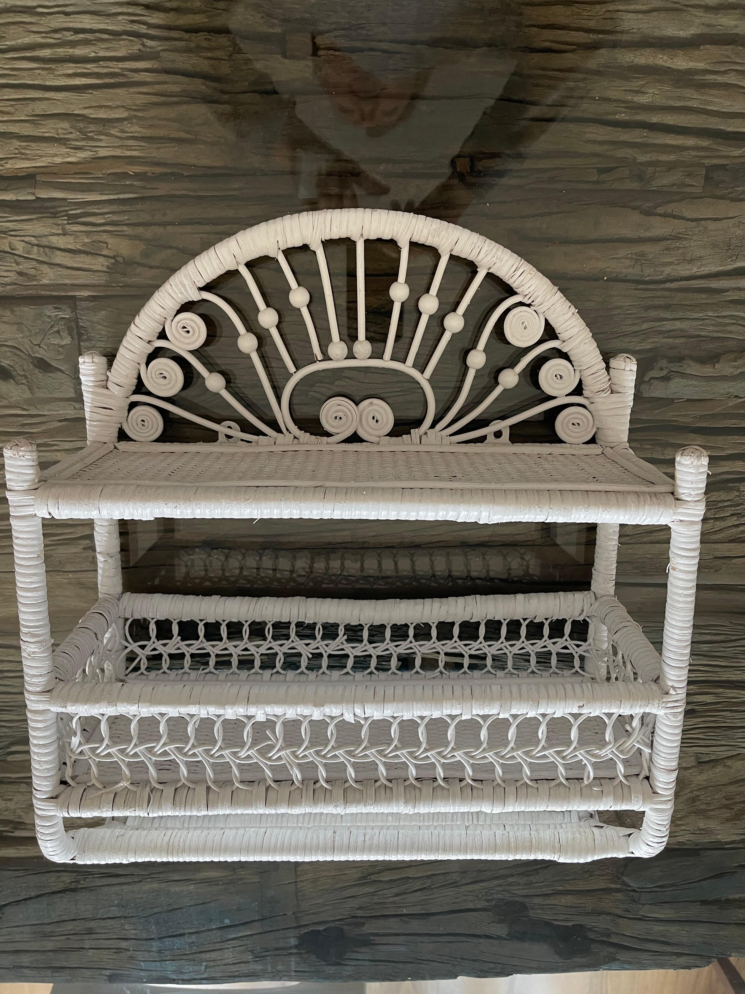 Mid-Century Modern White Wicker Small Wall Shelf For Sale