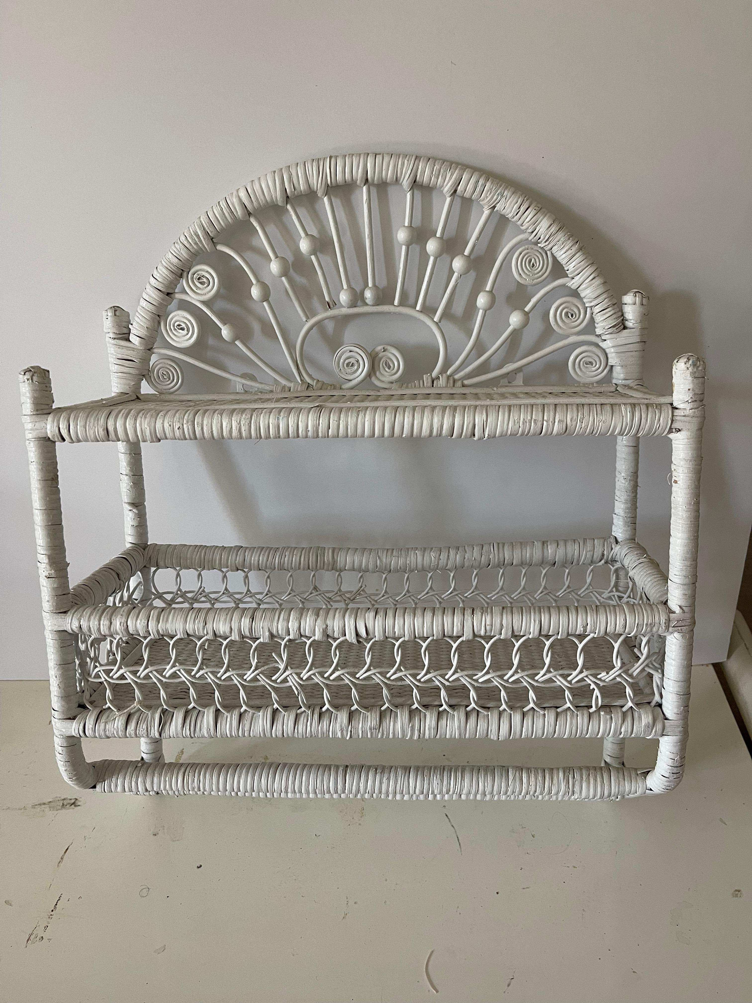 Mid-20th Century White Wicker Small Wall Shelf For Sale