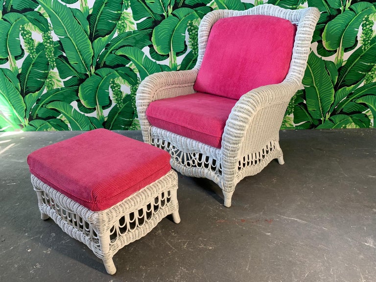 White Wicker Wingback Chair and Ottoman at 1stDibs
