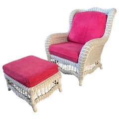 White Wicker Wingback Chair and Ottoman