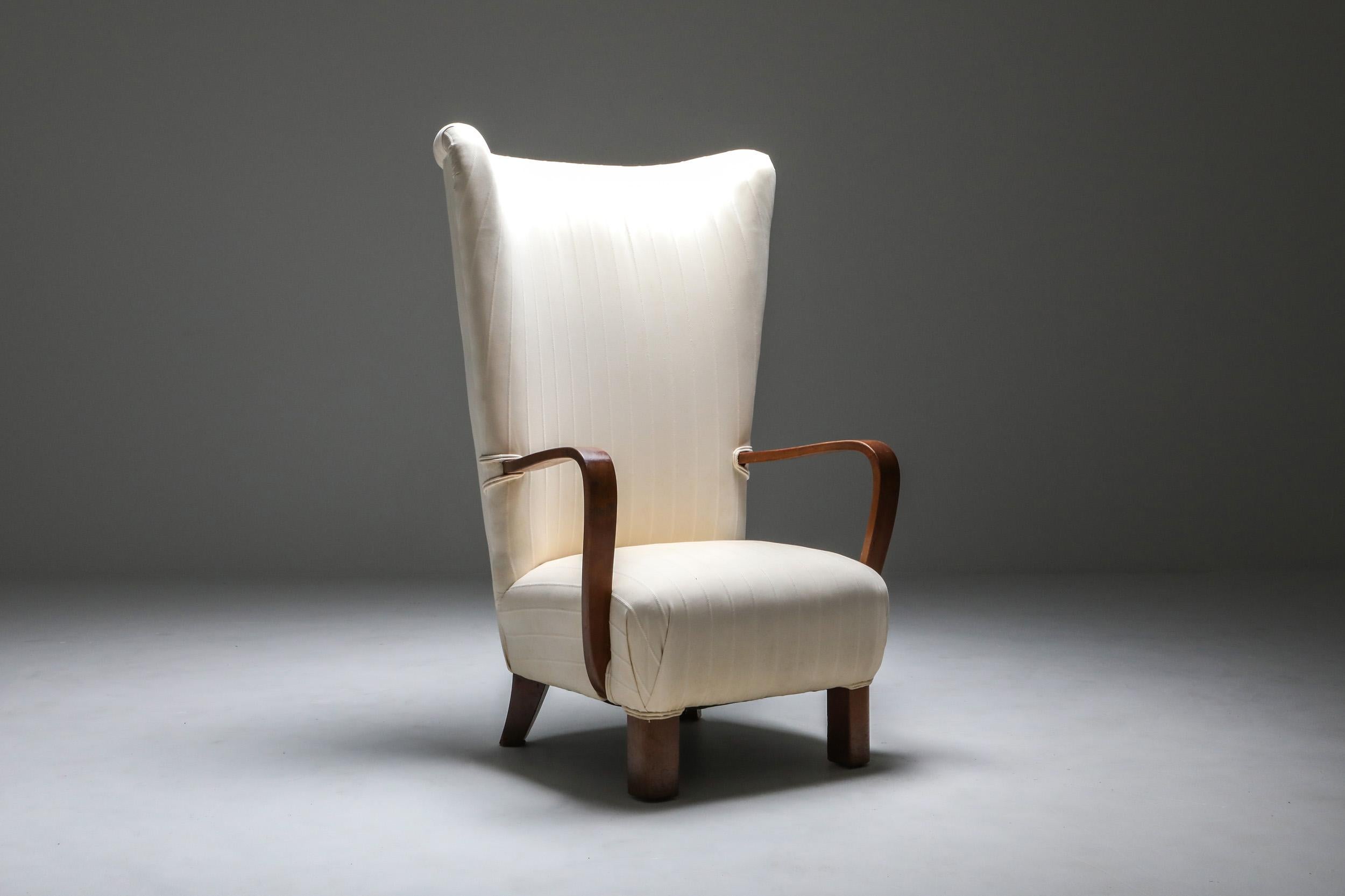 Fabric White Wingback Chair With Ottoman, Denmark, 1950s For Sale
