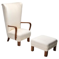 White Wingback Chair With Ottoman, Denmark, 1950s