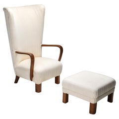 White Wingback Chair with Ottoman