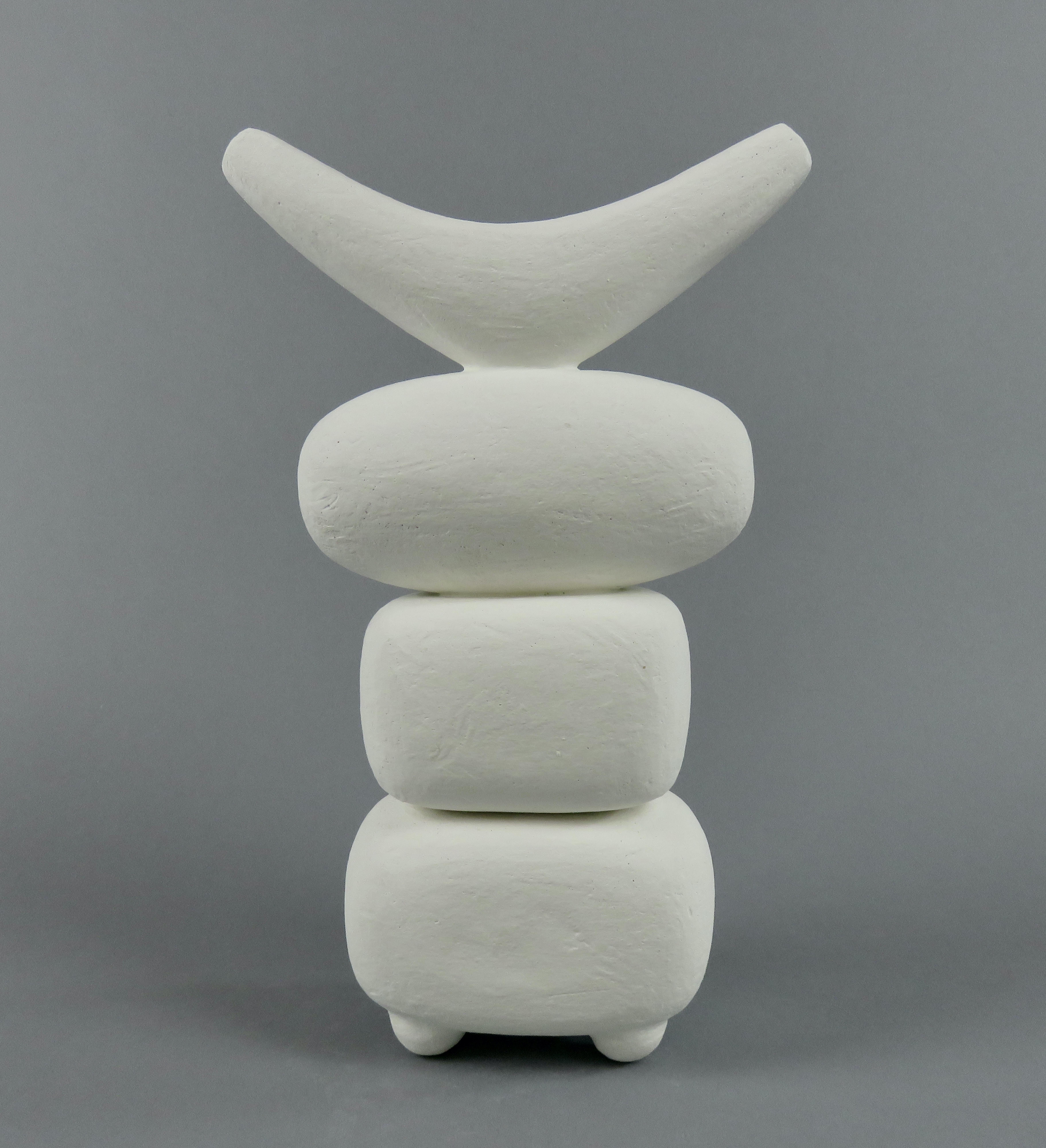 Hand-Crafted White Winged Crown, 4 Part Ceramic TOTEM, Hand Built Sculpture by H. Starcevic For Sale