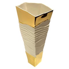 White with 22K Gold Tall Cubist Design Porcelain Vase, Italy, Contemporary