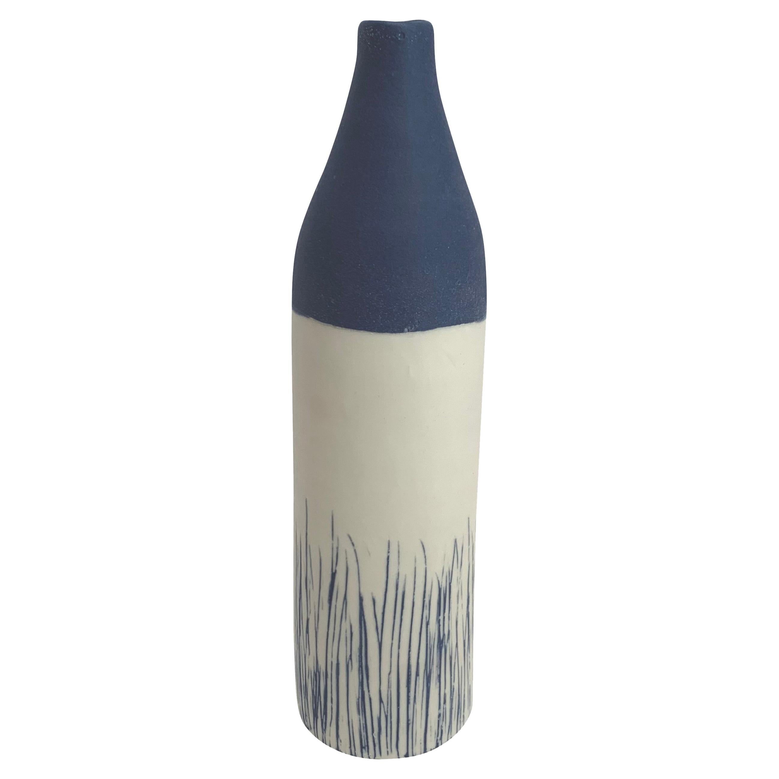 White with Blue Grass Blades Design Hand Made Thin Vase, Italy, Contemporary