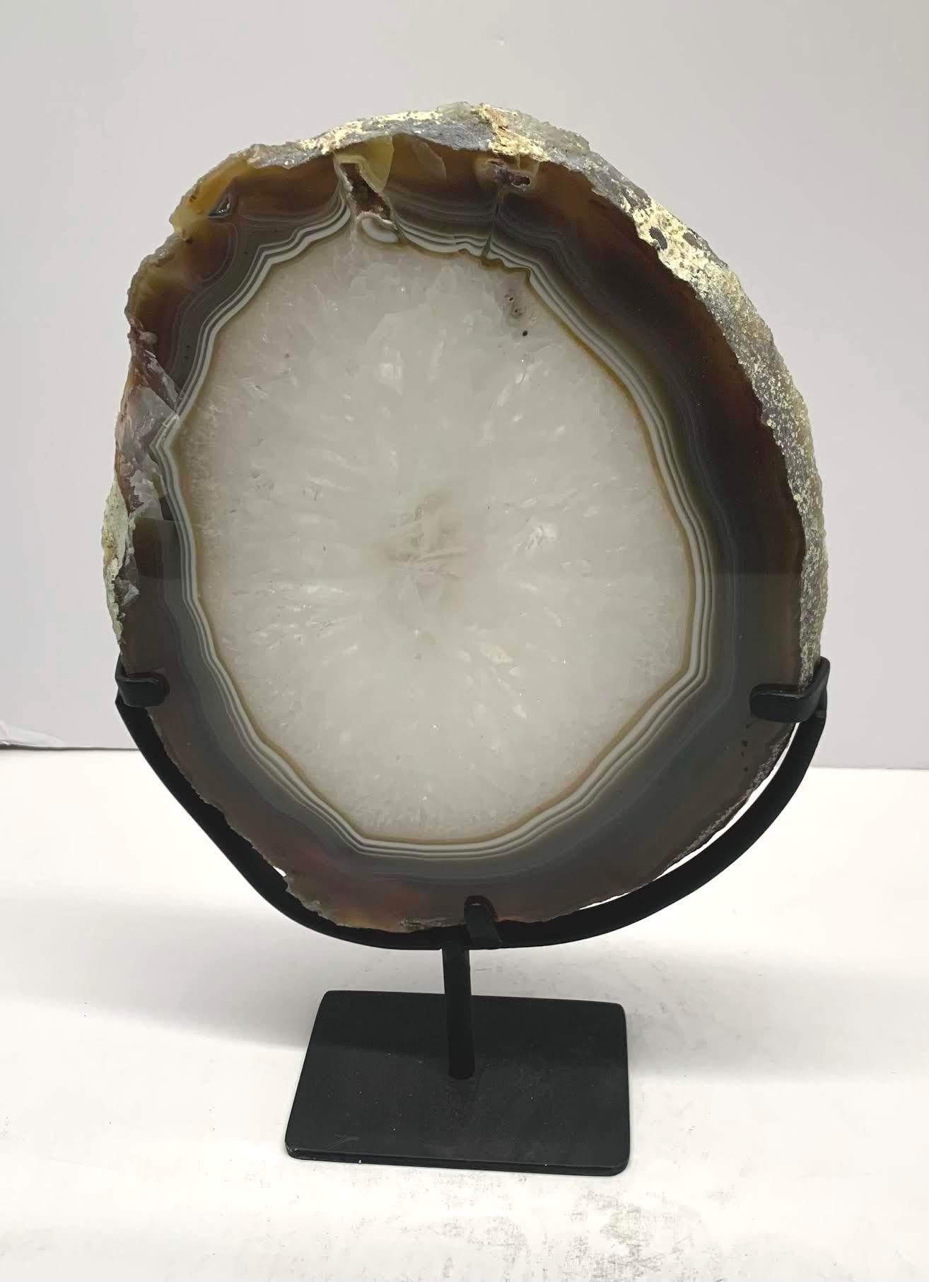 Brazilian White With Brown Border Thick Agate Geode Sculpture, Brazil, Prehistoric For Sale