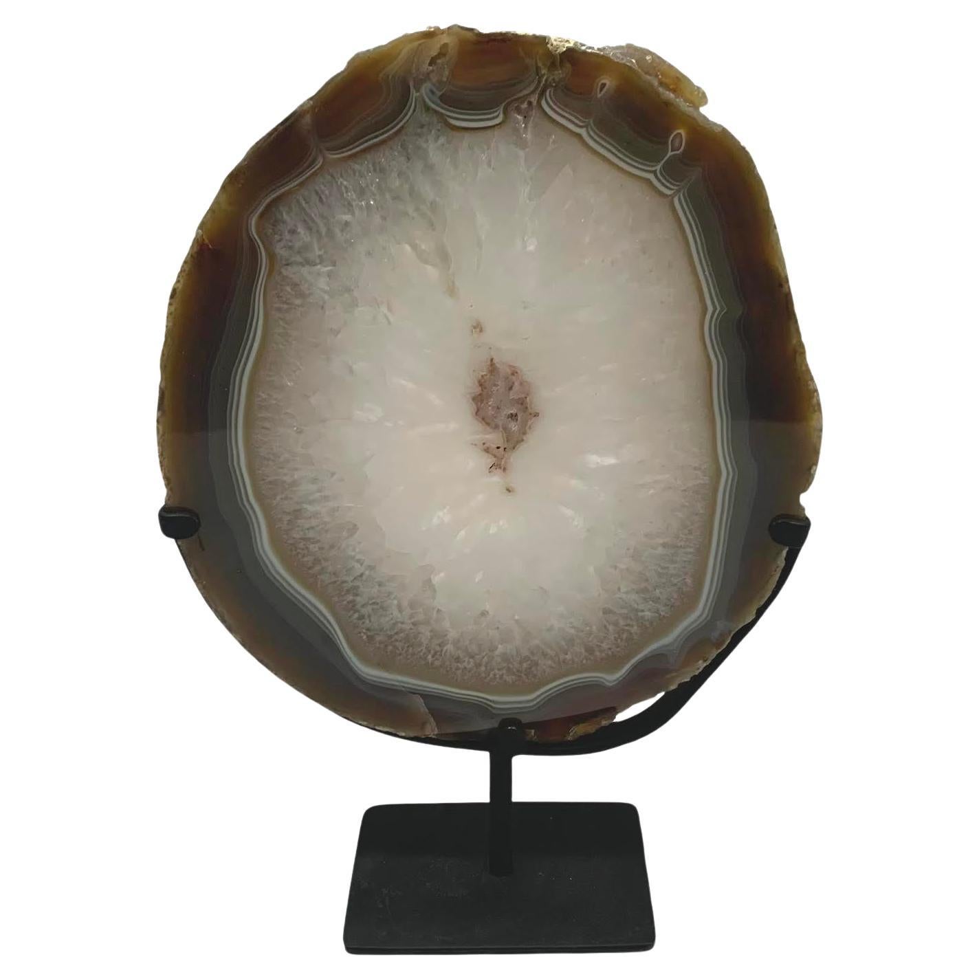 White With Brown Border Thick Agate Geode Sculpture, Brazil, Prehistoric For Sale