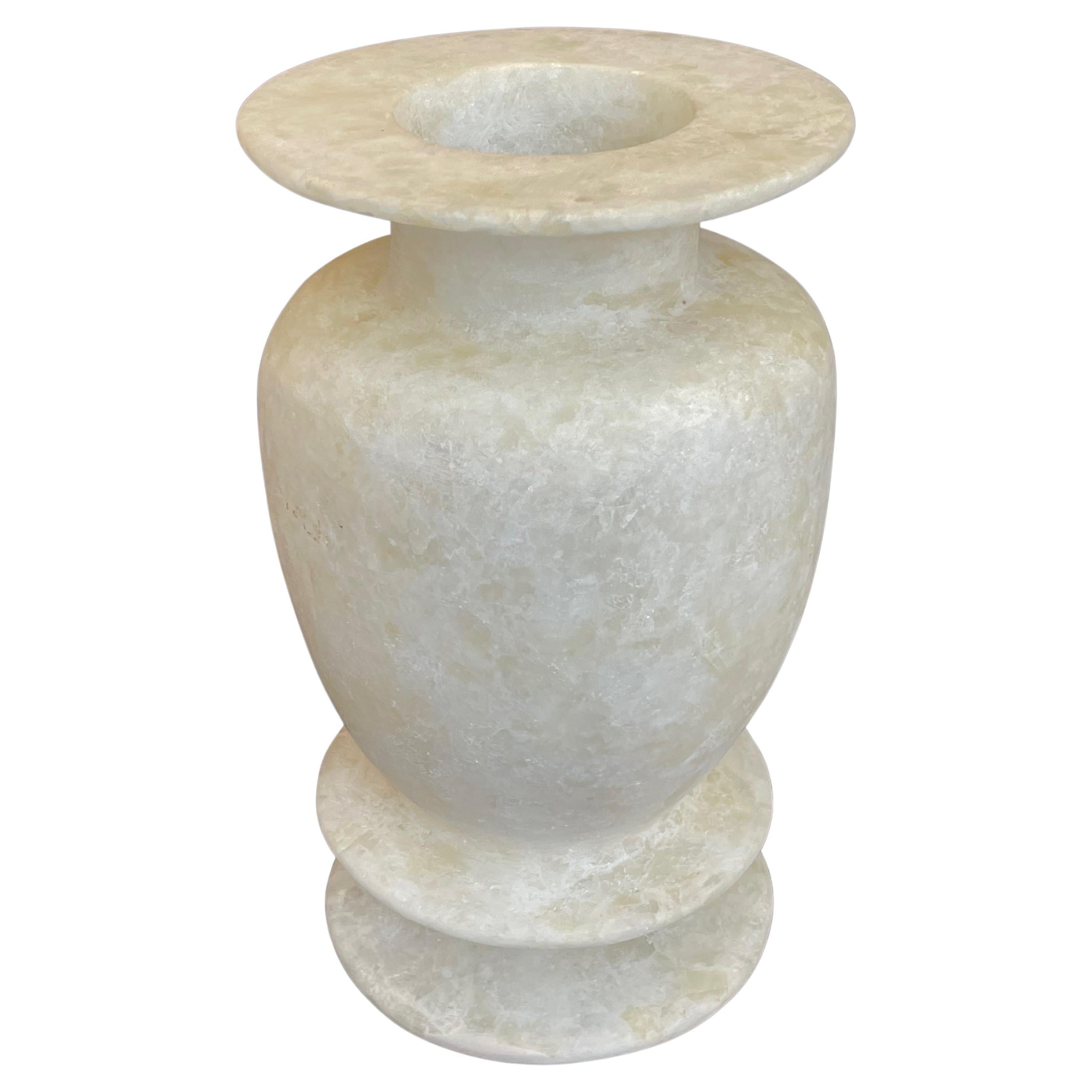 White With Double Ring Base Alabaster Vase, Egypt, Contemporary