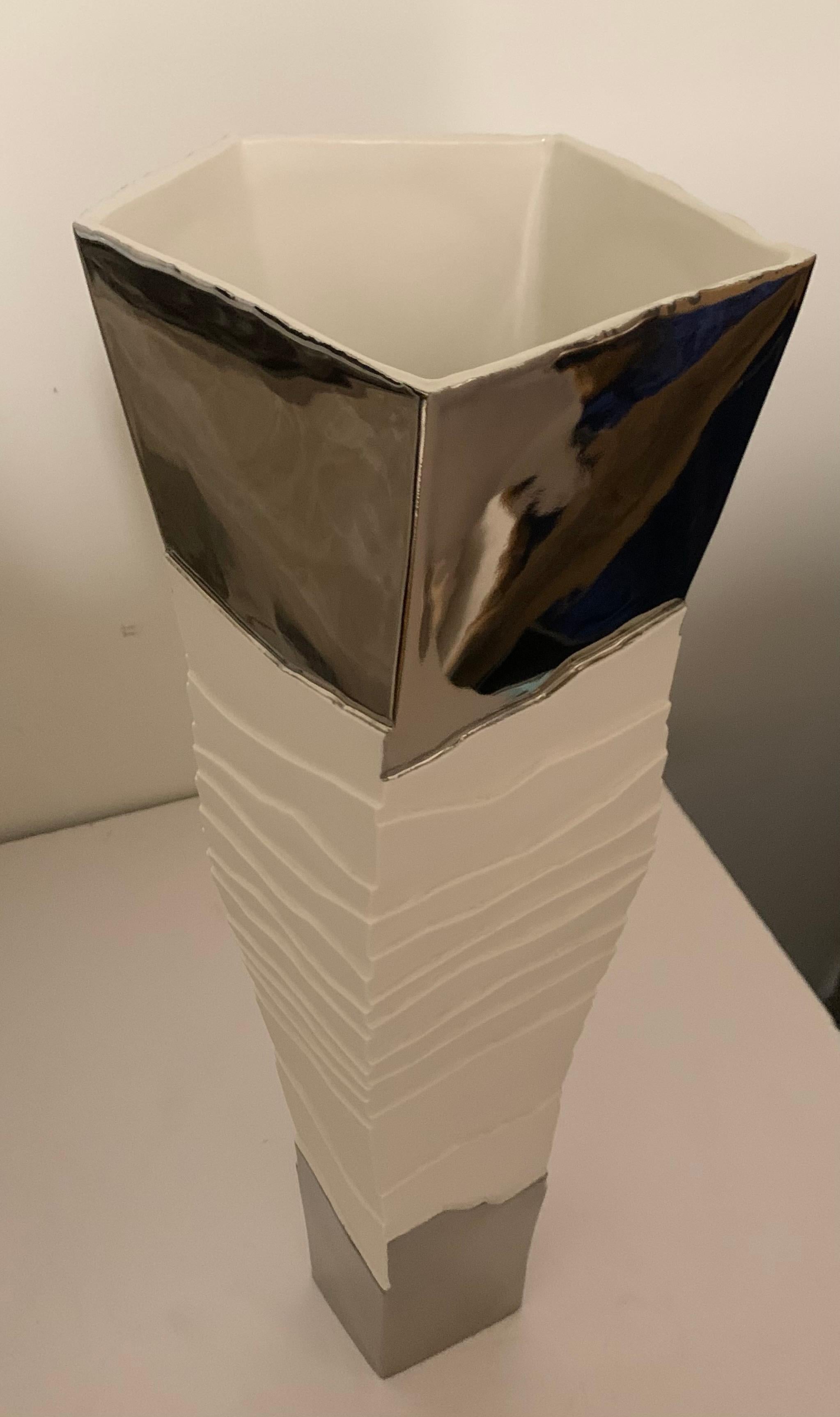 White With Platinum Tall Porcelain Ribbed Vase, Italy, Contemporary In New Condition In New York, NY