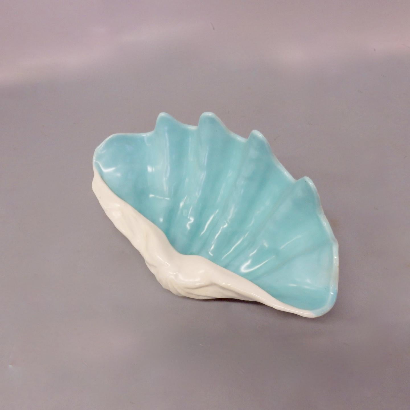 Mid-Century Modern White with Turquoise Interior Sea Shell Bowl or Vase