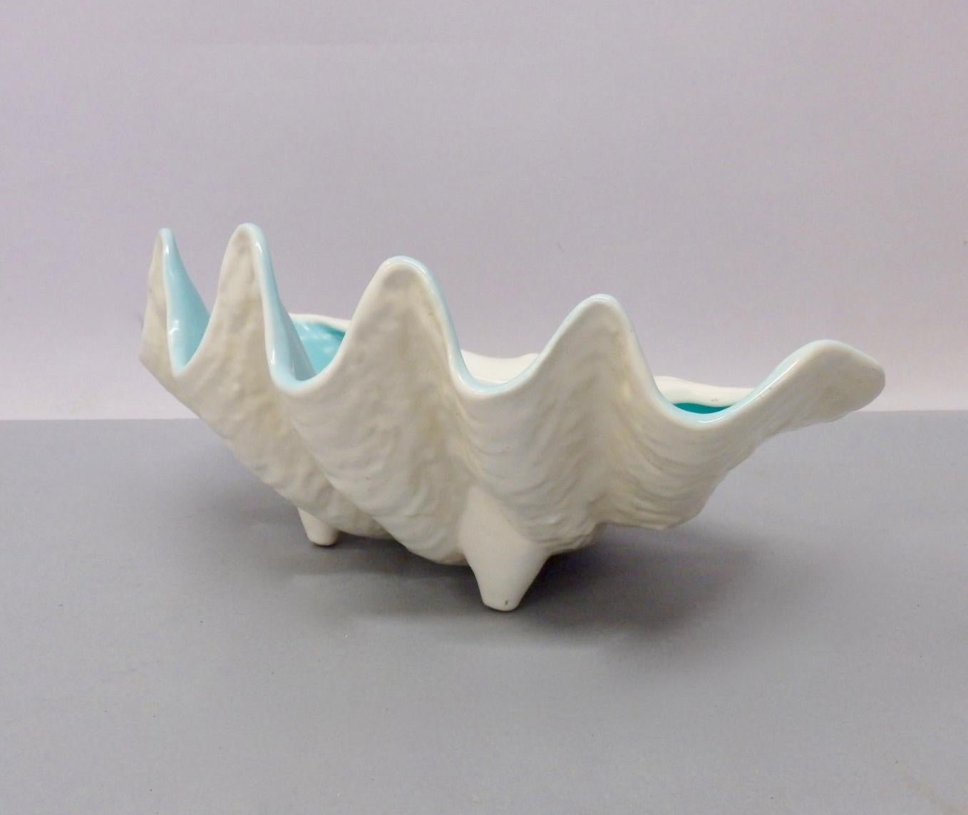 American White with Turquoise Interior Sea Shell Bowl or Vase