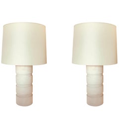 White Wooded Pair Cylinder Lamps, Belgium, Midcentury