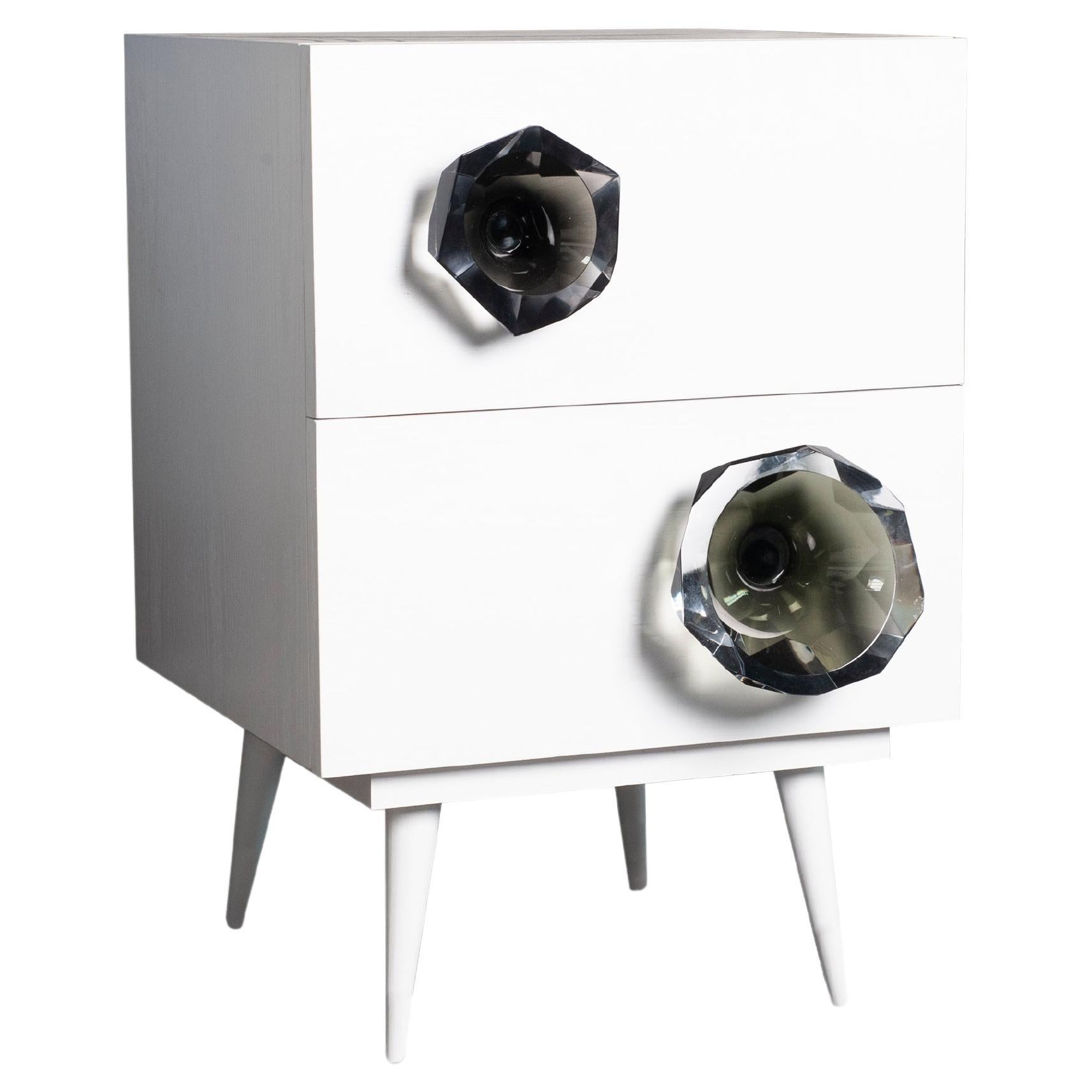 White Wooden Nightstand with Faceted Glass Handles