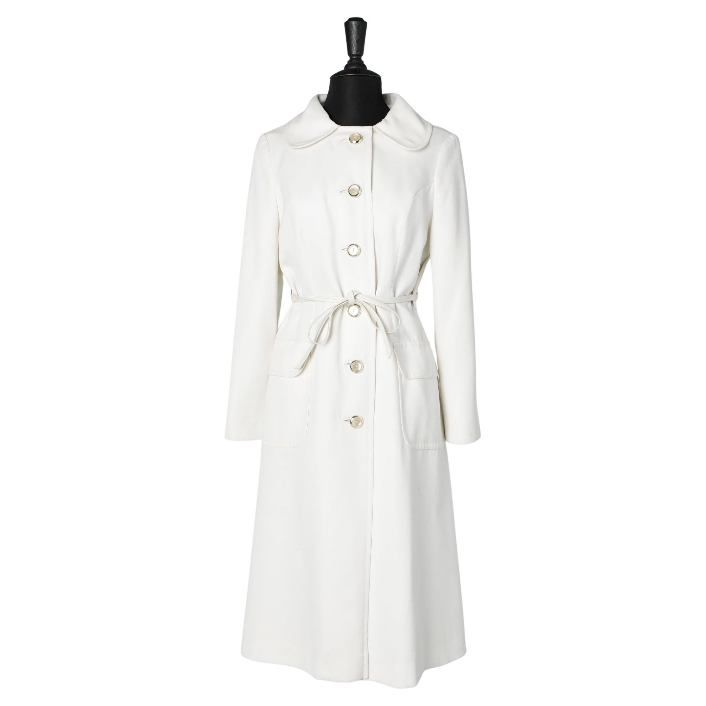 White wool coat with belt and back panel Louis Ferraud at Saks Fifth Avenue at 1stDibs