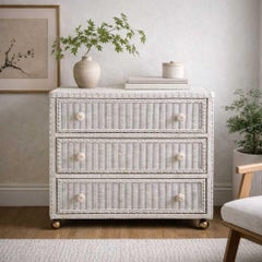 White Woven Wicker Three-Drawer Dresser on Casters