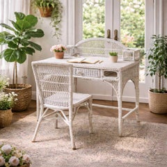 White Woven Wicker Writing Desk and Matching Side Chair